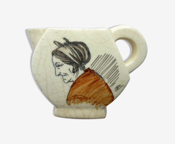 Small cracked ceramic pitcher signed Cazala painted by an old basque woman  | Selency