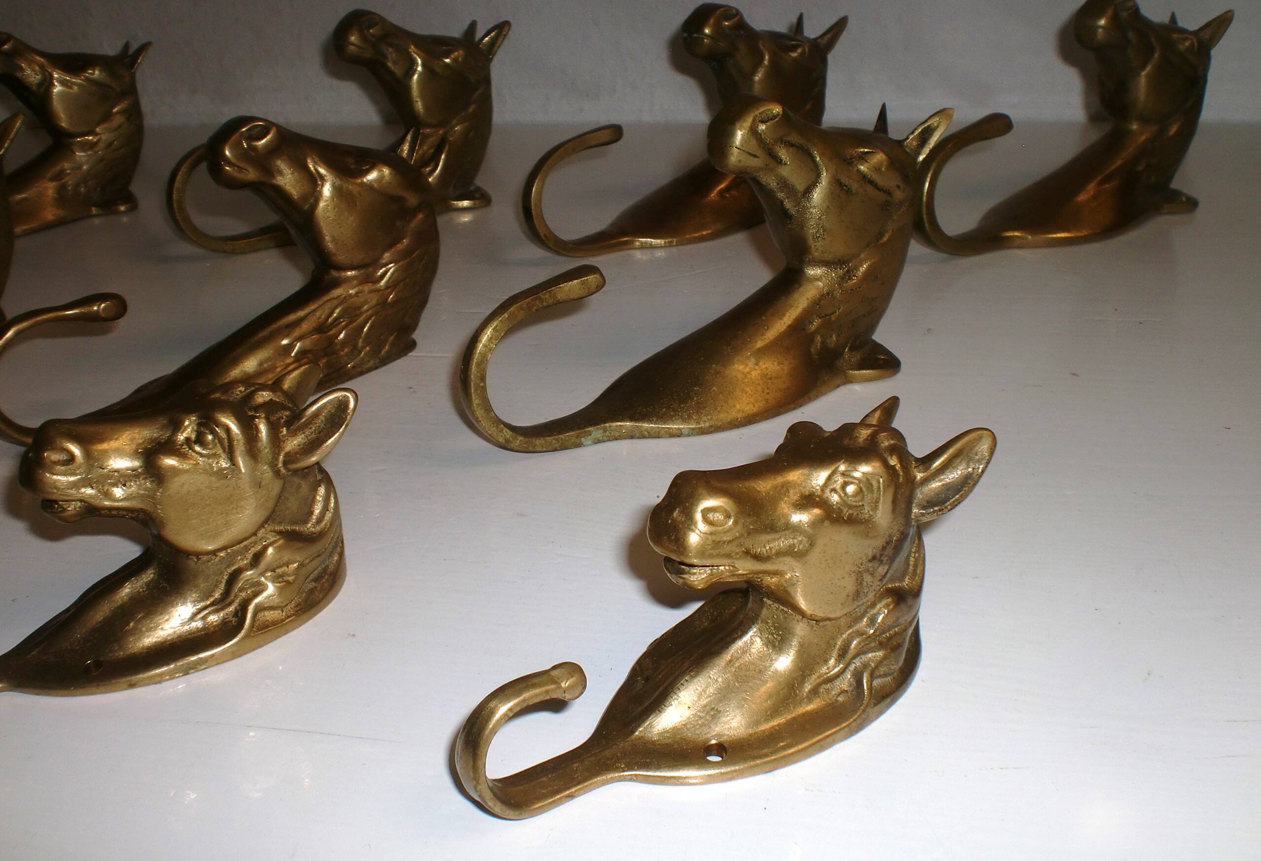 Set of 10 heavy brass horse coat rack wall hooks