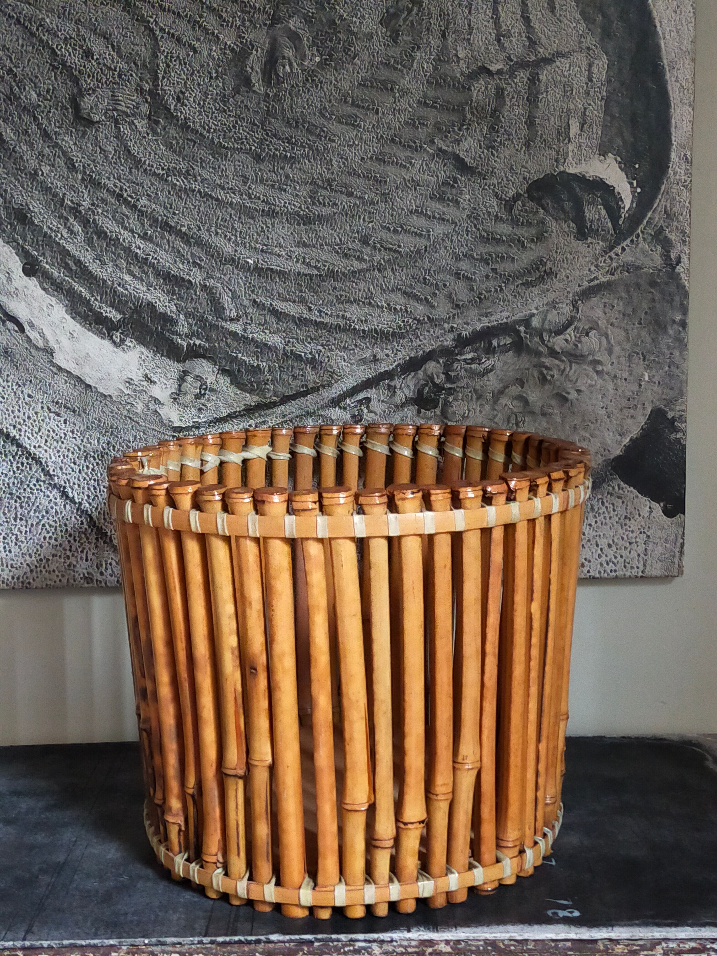 Pot cover basket Art-popular bamboo and scoubidou 50s