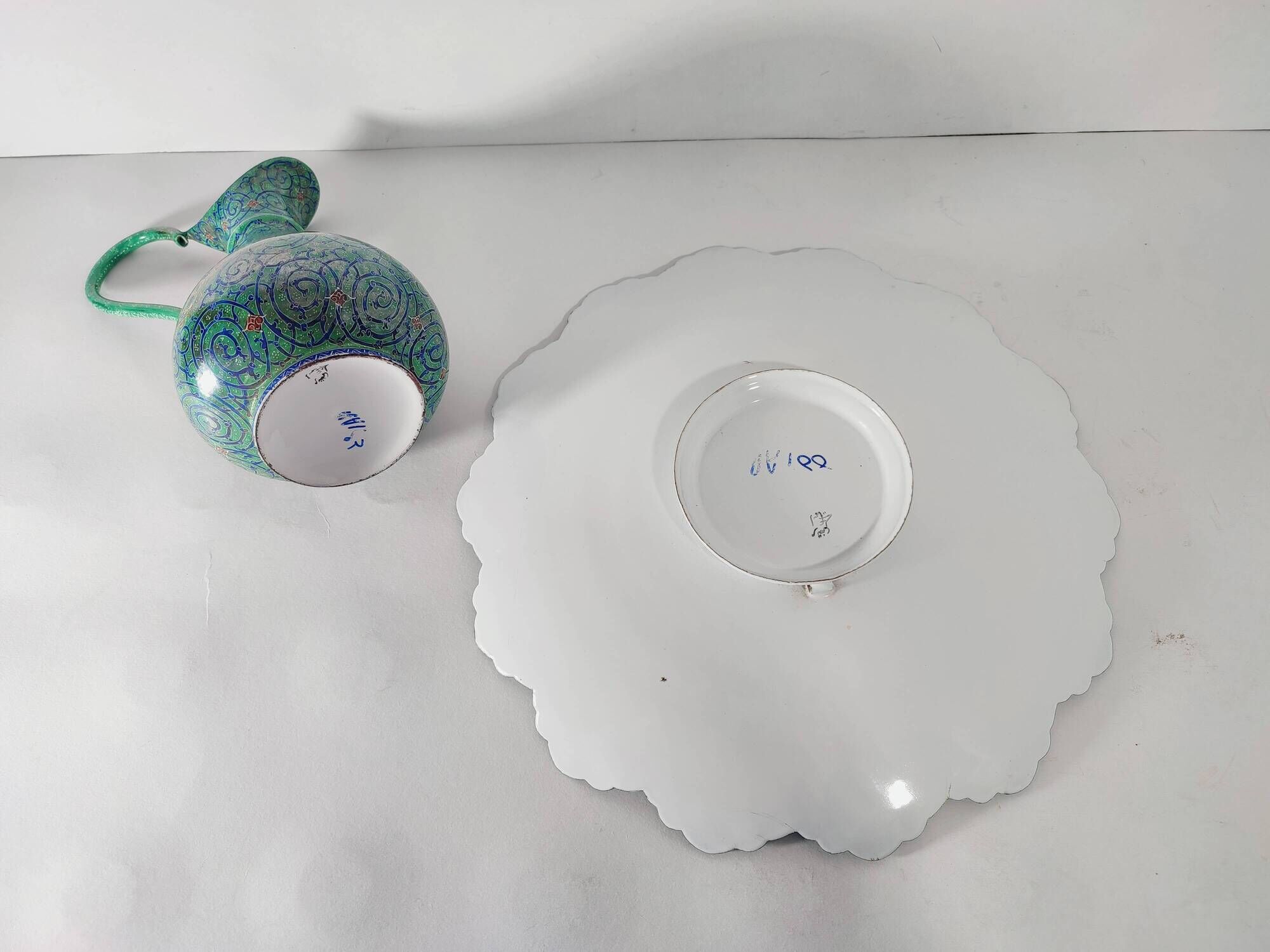 Minakari Signed Enameled Sheet Metal Ewer and Dish / 20th Century Middle East / Jug