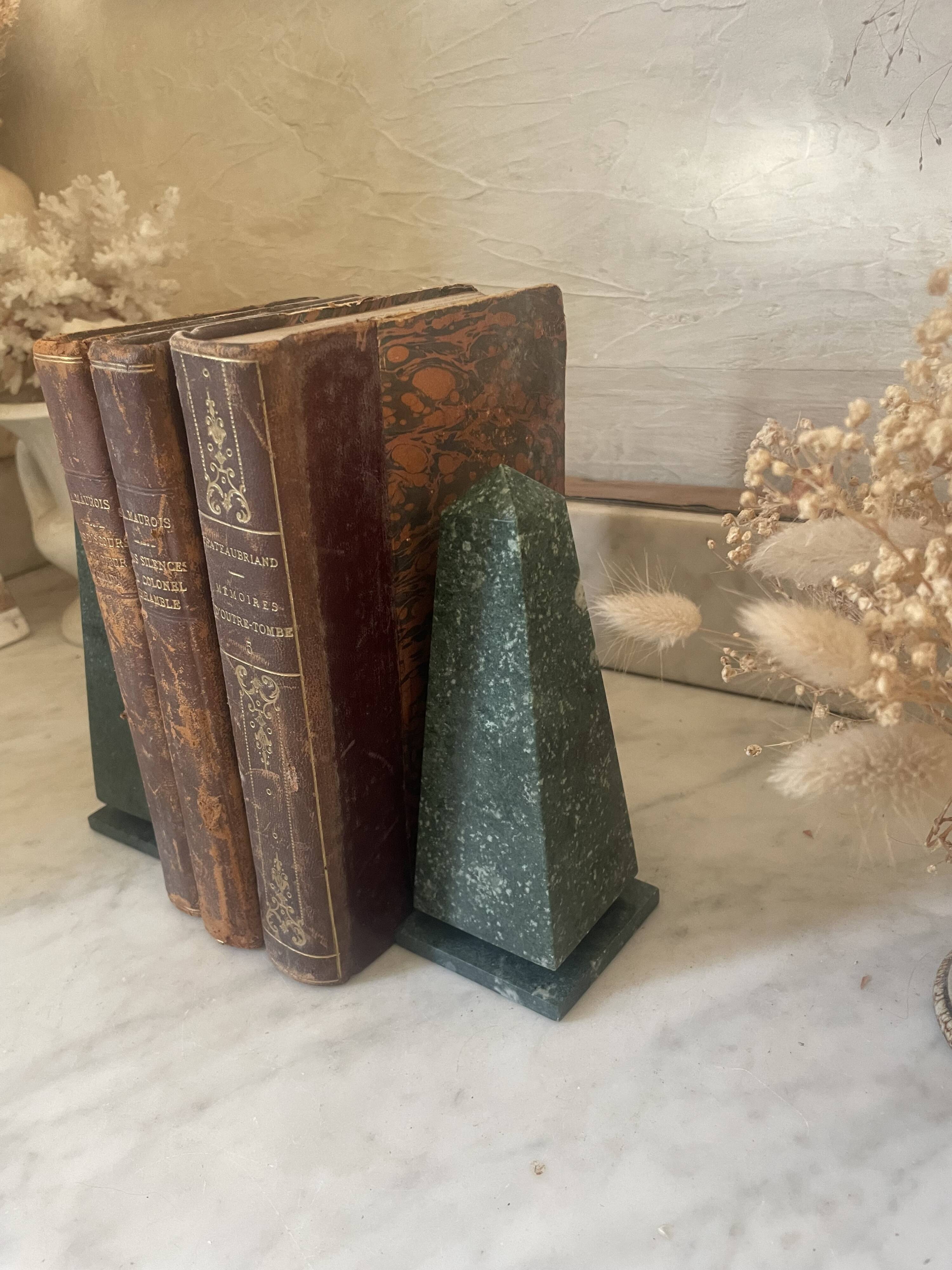 Pair of green marble obelisk bookends