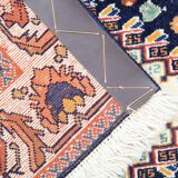 Small Fine Wool Medallion Area Rug Traditional Orange Blue Tribal Carpet- 52x125cm