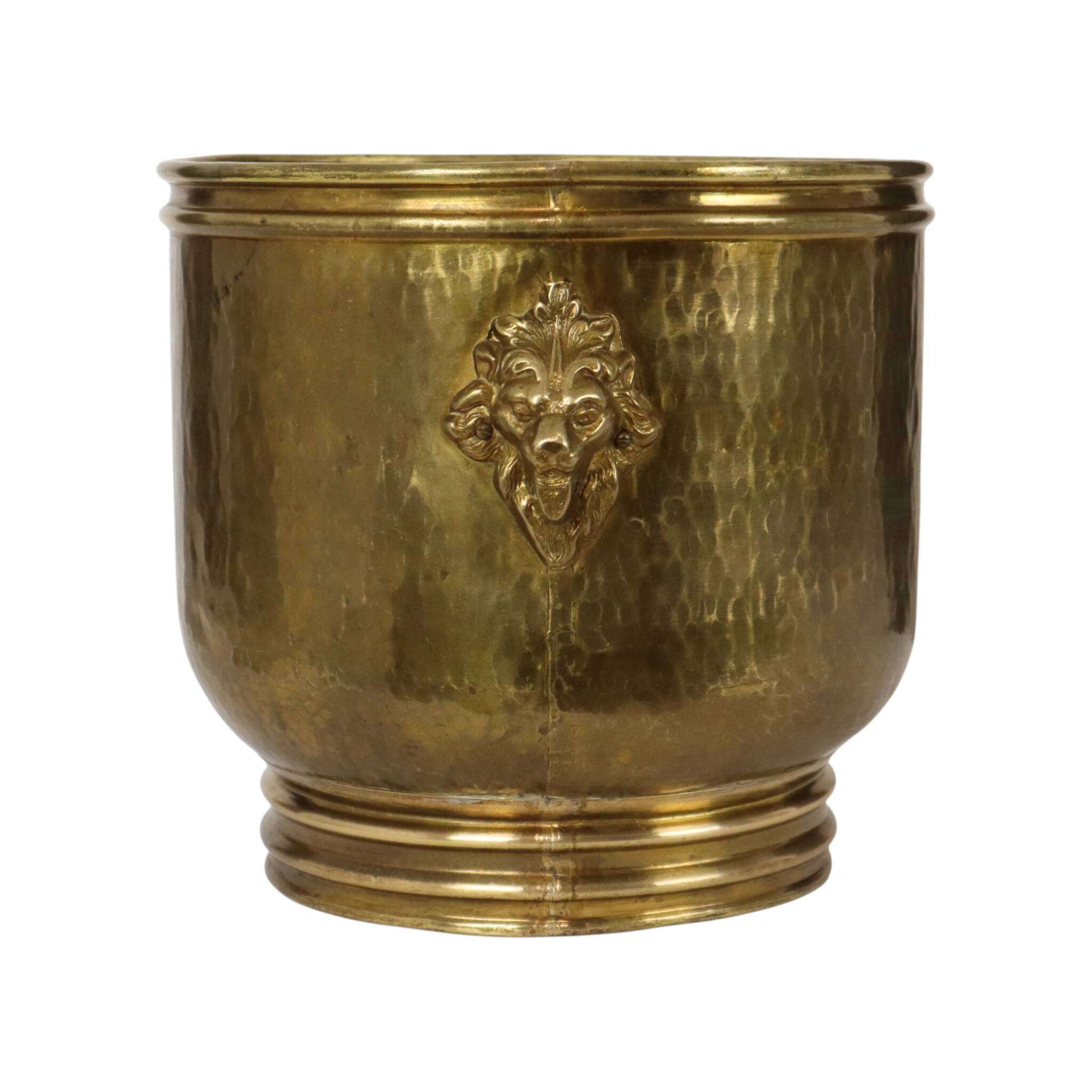 Large Hammered Brass Jardinière/Planter with Lion Heads