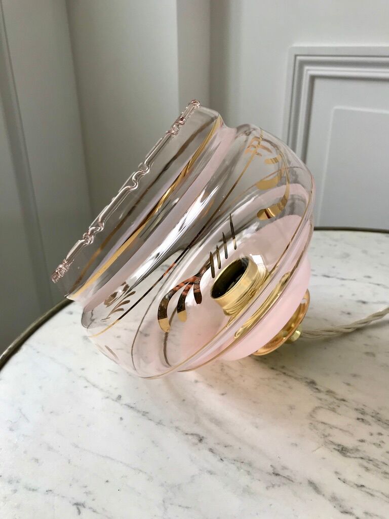 Pair of suspensions in pink glass and golden edging 50s-60s
