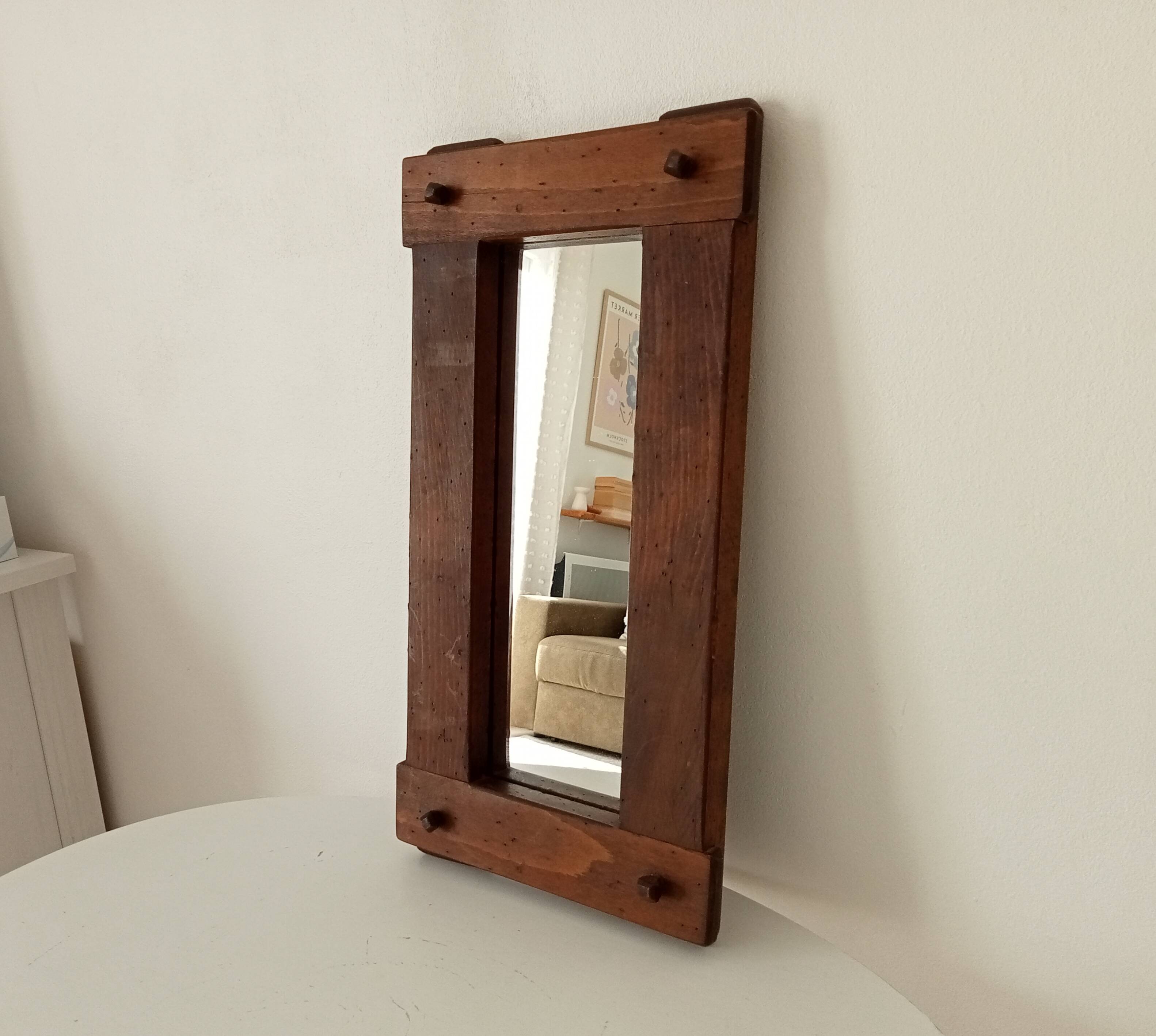 Miroir brutaliste vintage en chêne massif