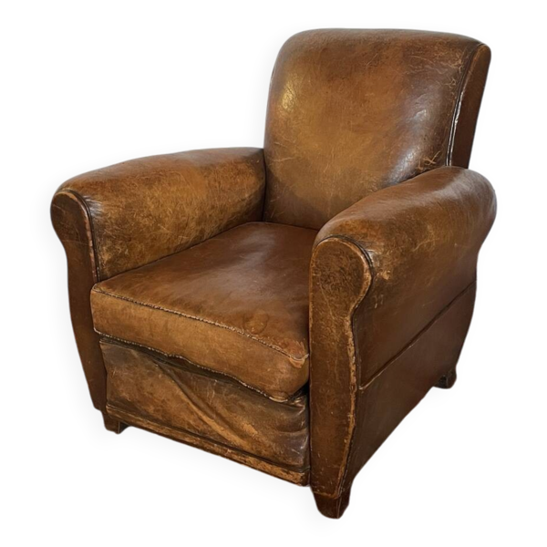 Fauteuil club ancien en cuir de vachette