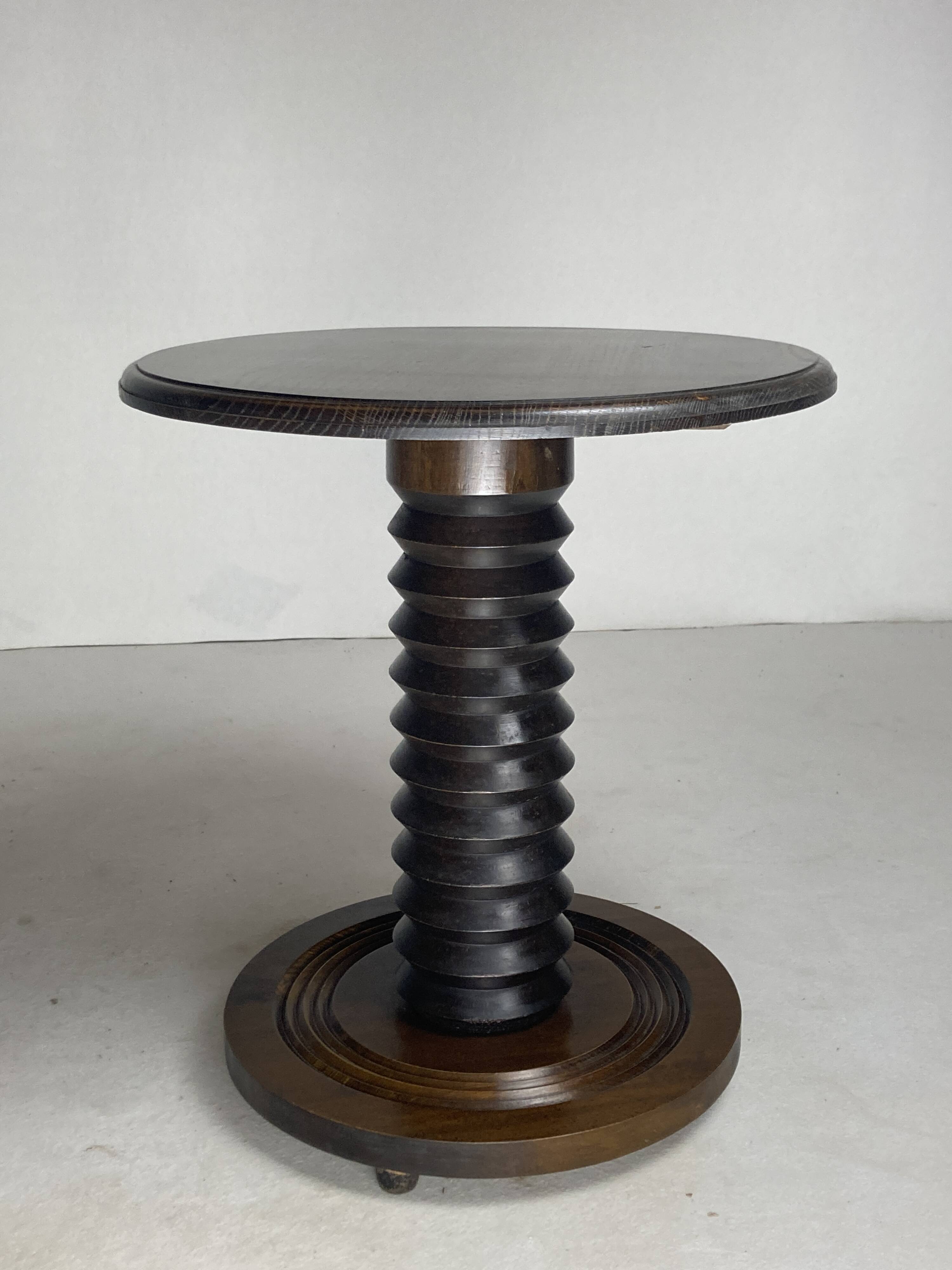 French brutalist wood turned side table in the style of Charles Dudouyt