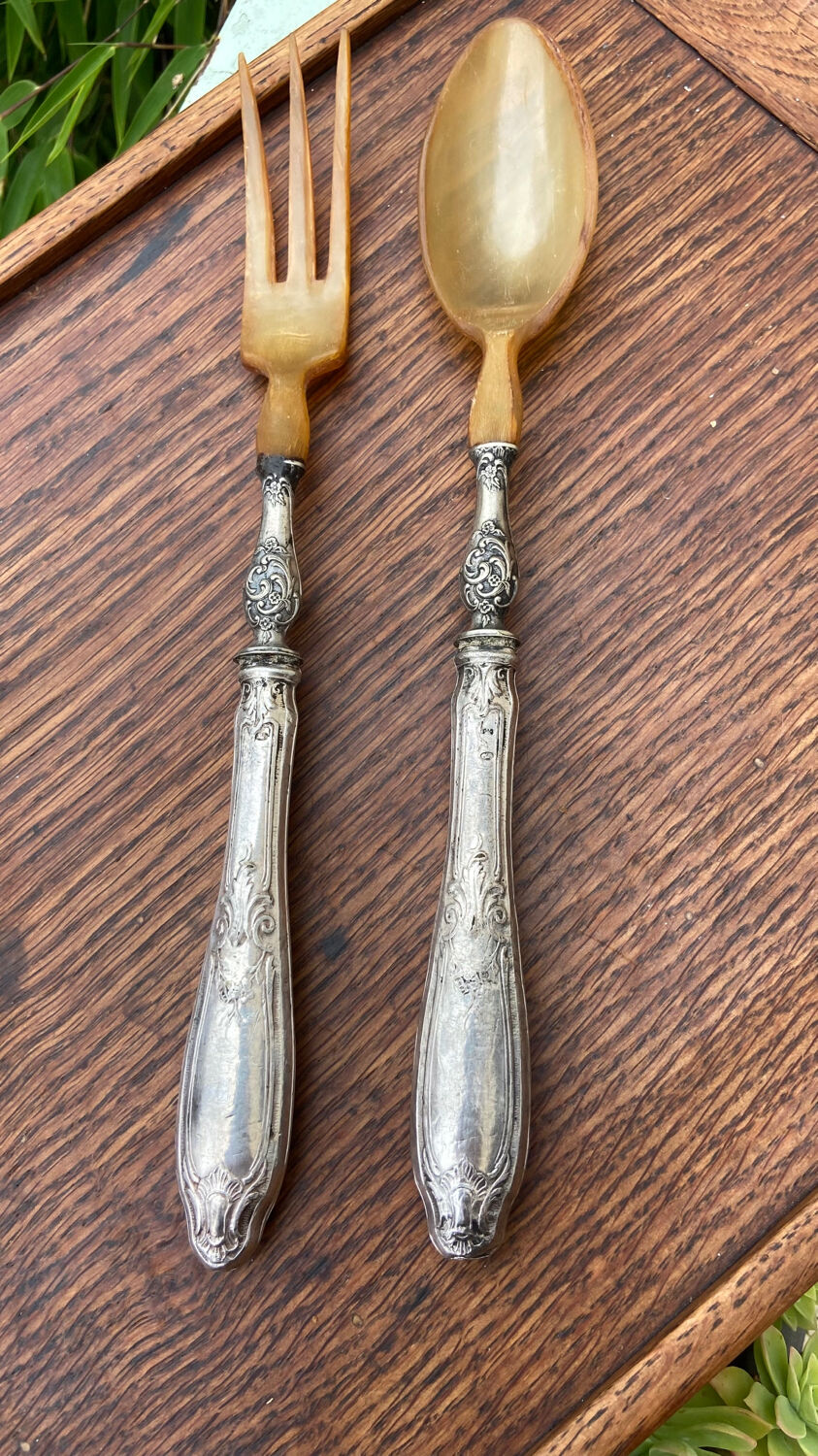 Salad cutlery in silver filled and horn early twentieth century