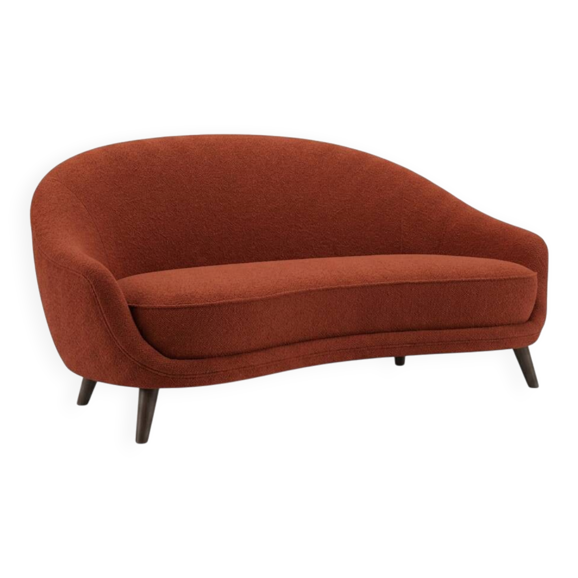 Two-seater sofa in red/orange boucle fabric.