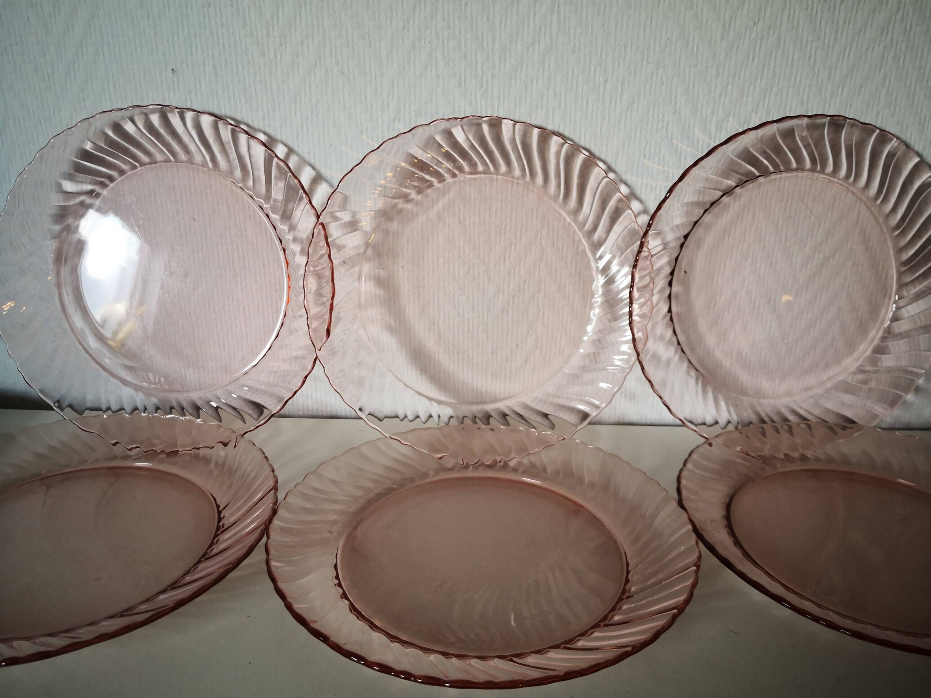 set of 6 Rosaline dessert plates in pink swirl glass