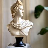 Beige bust of Apollo on black pedestal