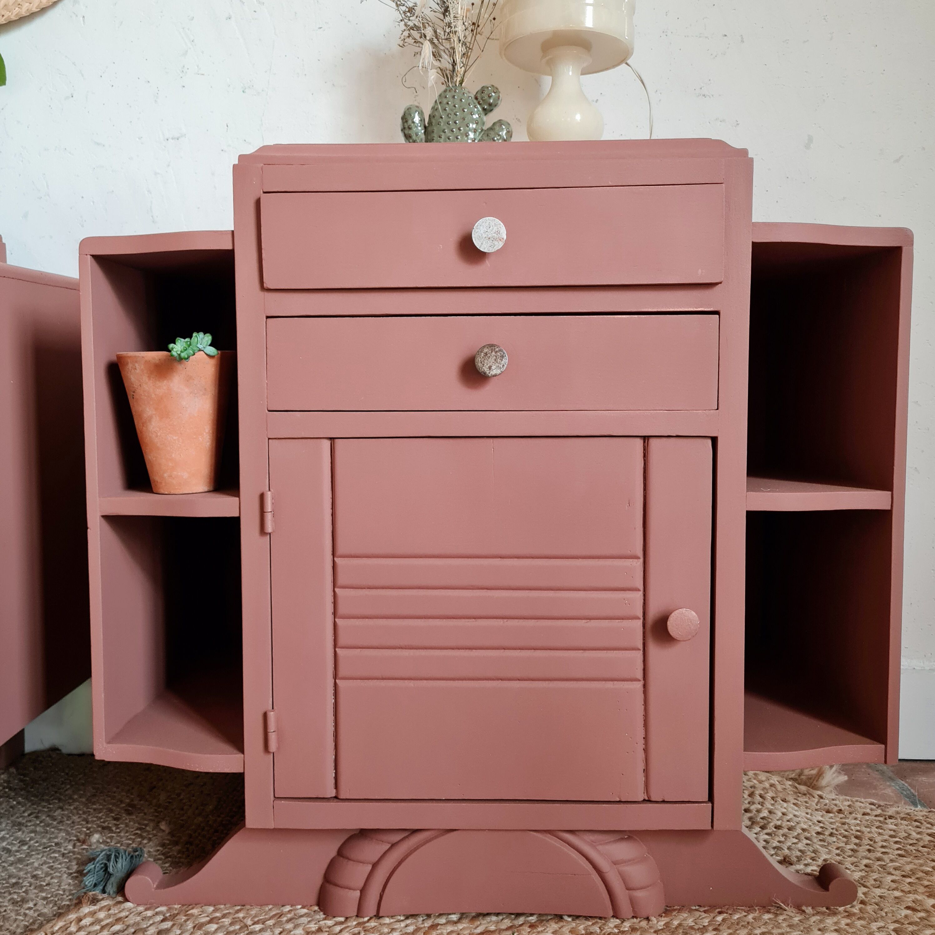 Pair of art deco bedside tables renovated Red ochre