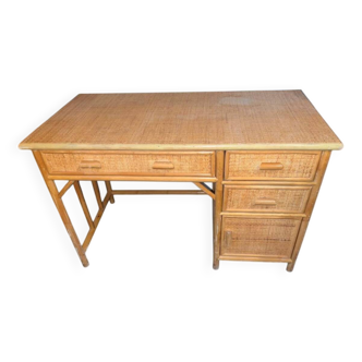 Bureau vintage bambou rotin tressé circa 1970