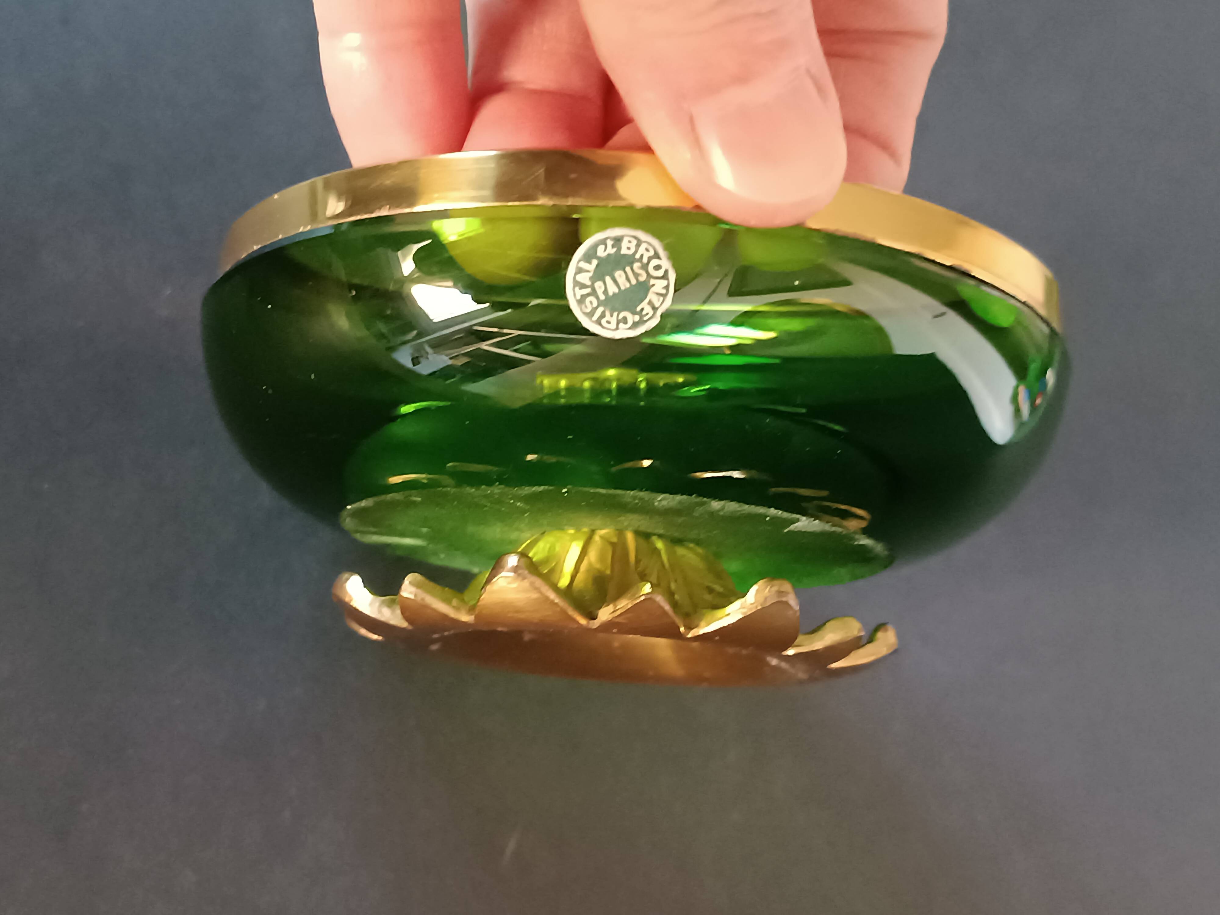 Green crystal and gilt brass bowl by Cristal & Bronze Paris
