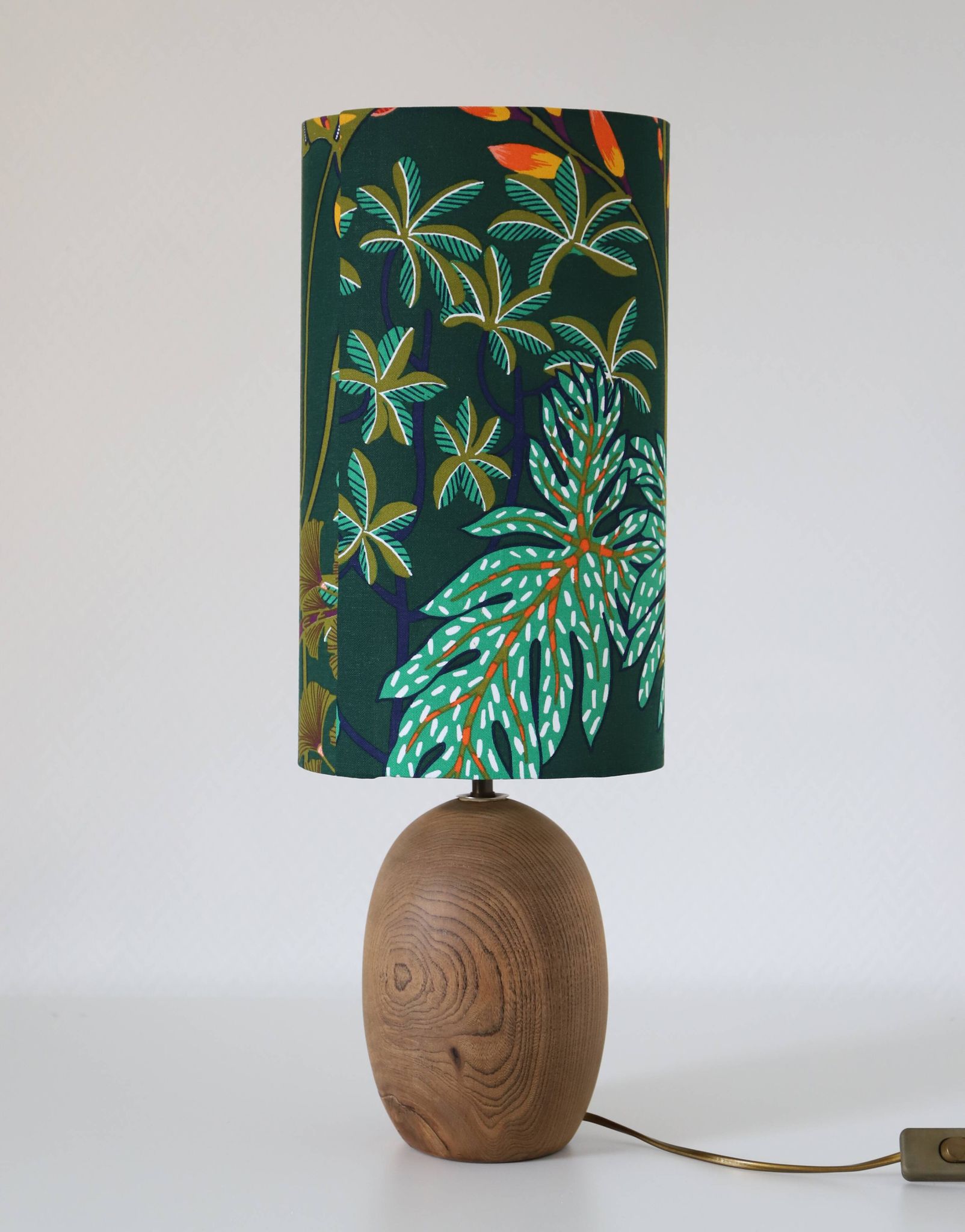 Table lamp, Mid-Century carved wood base, and Jungle Floral lampshade