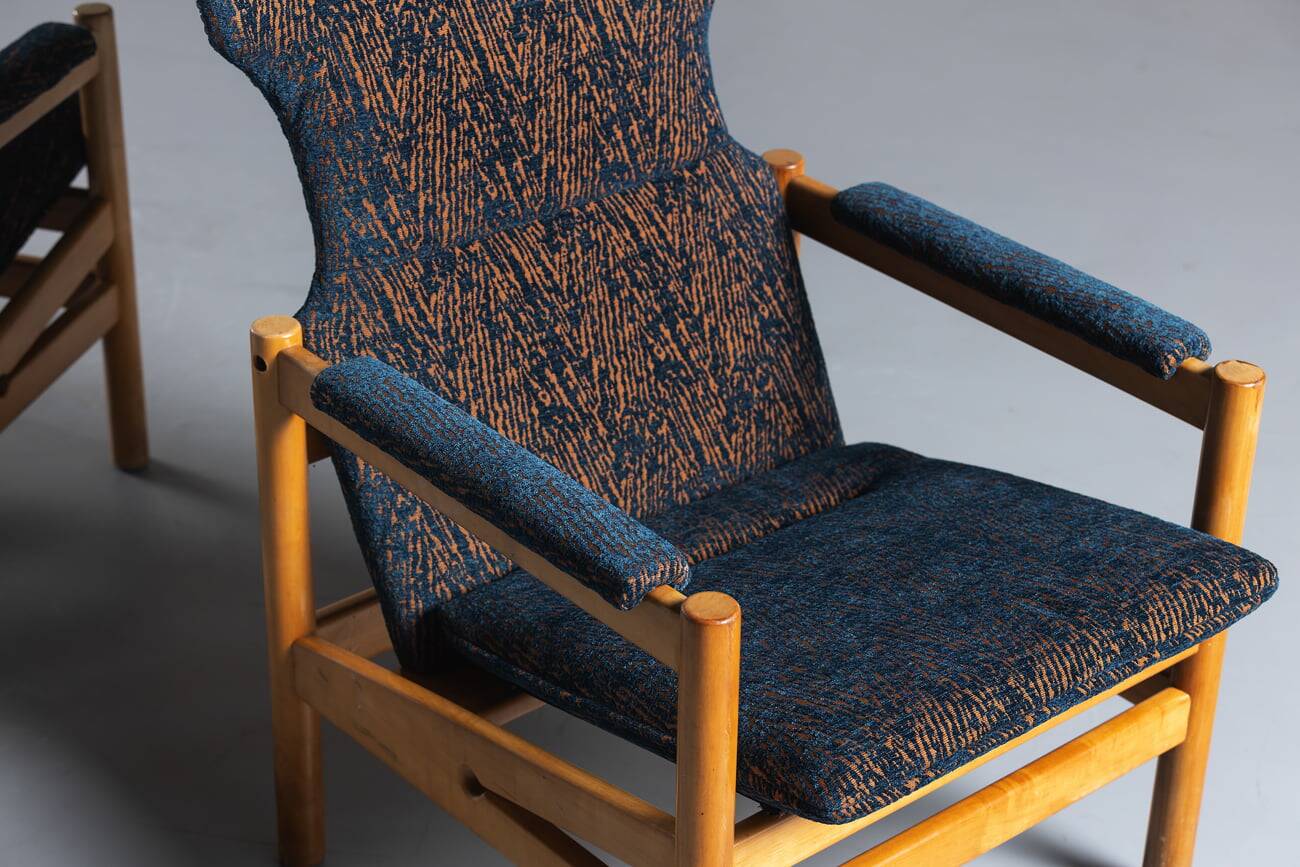 Armchair in teak with blue pattern cushion, Denmark, 1970s, set of 2