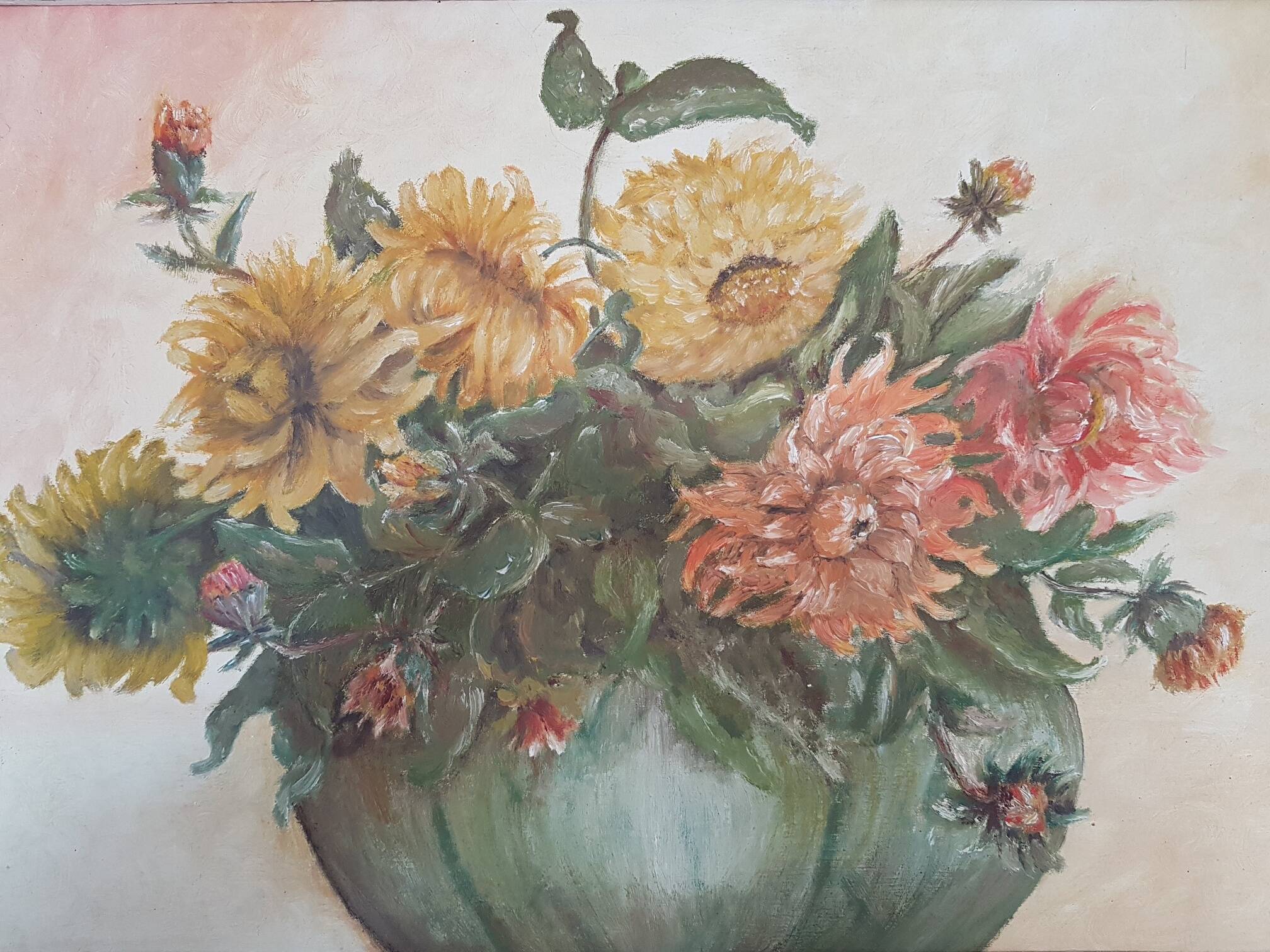 Oil painting on canvas bouquet of dahlia flowers 1900 Gabin