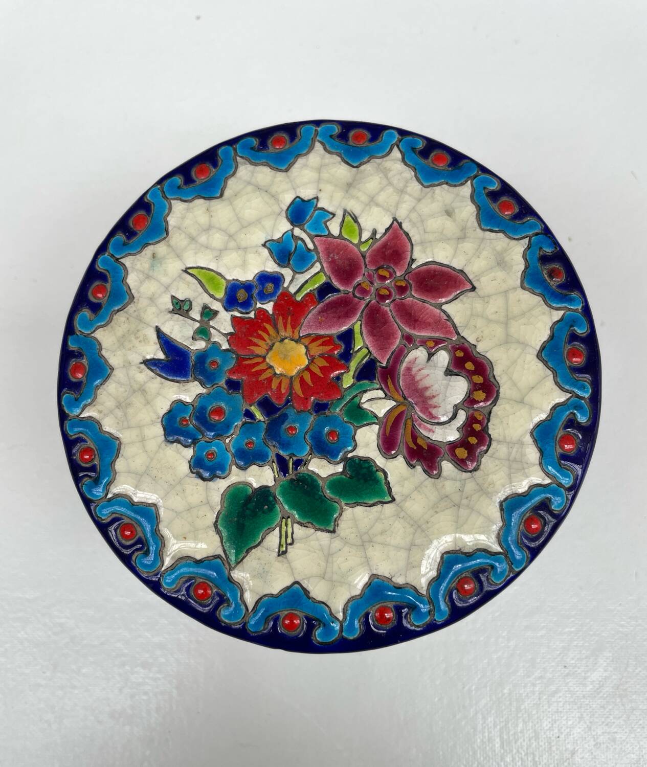 Enamelled faience jewellery box Longwy floral decoration