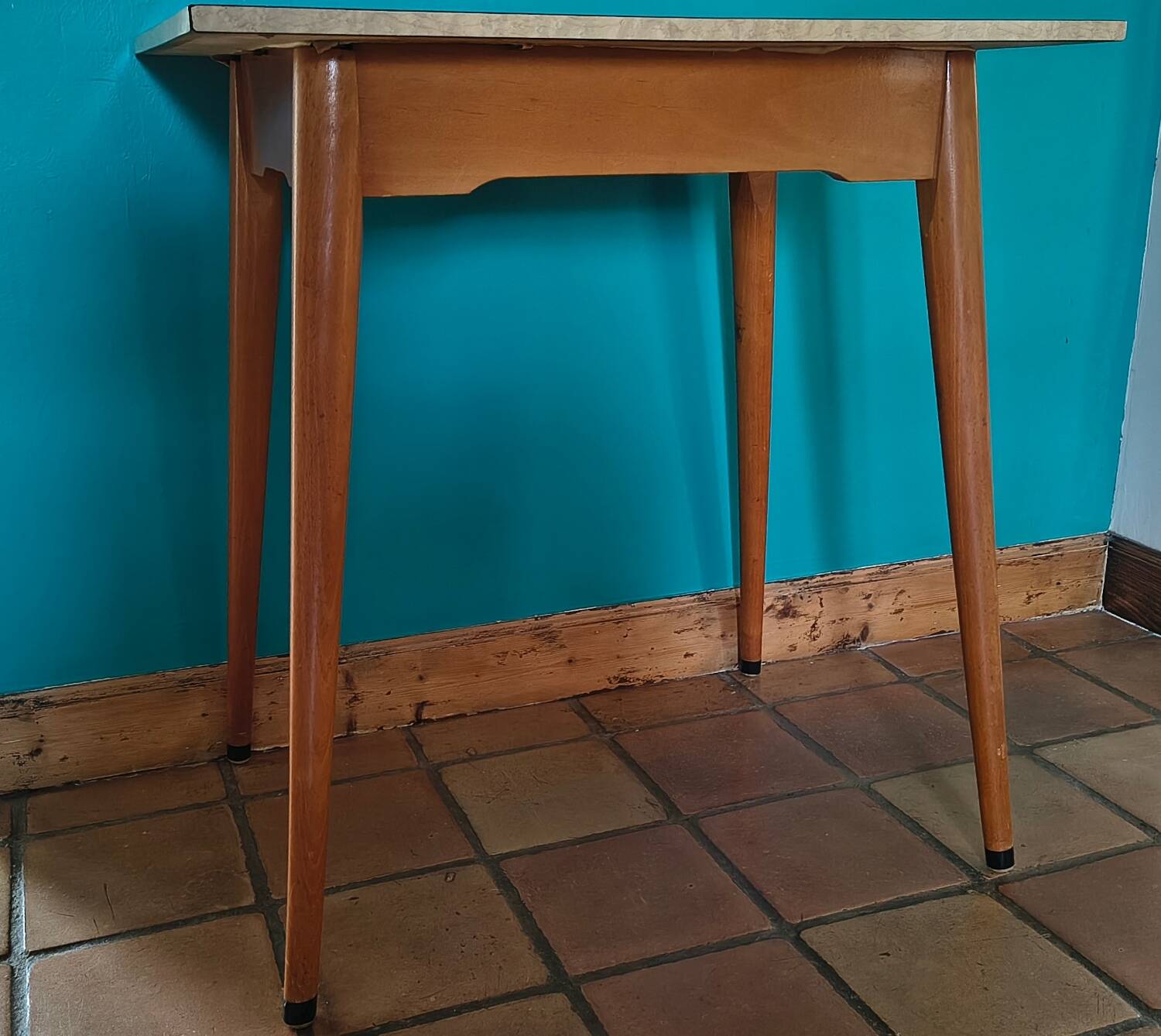 Vintage bistro table with compass legs, formica, beech, 50 x 70.