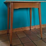Vintage bistro table with compass legs, formica, beech, 50 x 70.