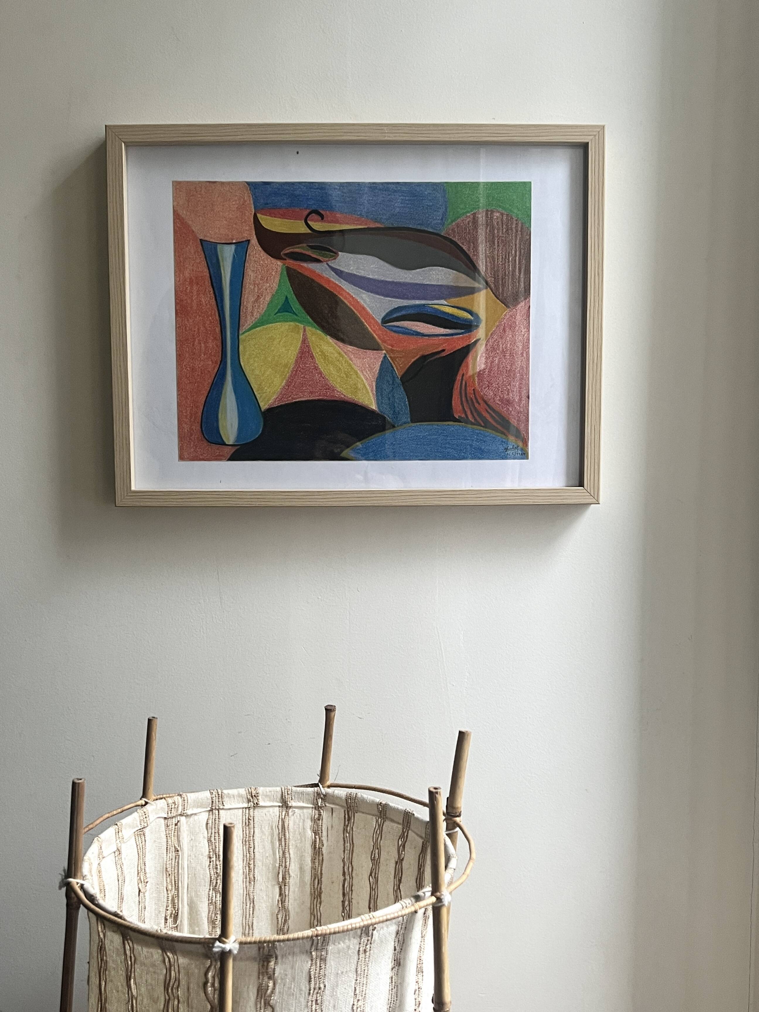 Vintage cubist still life pastel under glass and signed from 1967.