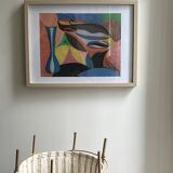 Vintage cubist still life pastel under glass and signed from 1967.