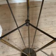 Vintage reed floor lamp in black metal and brass with three white opalines