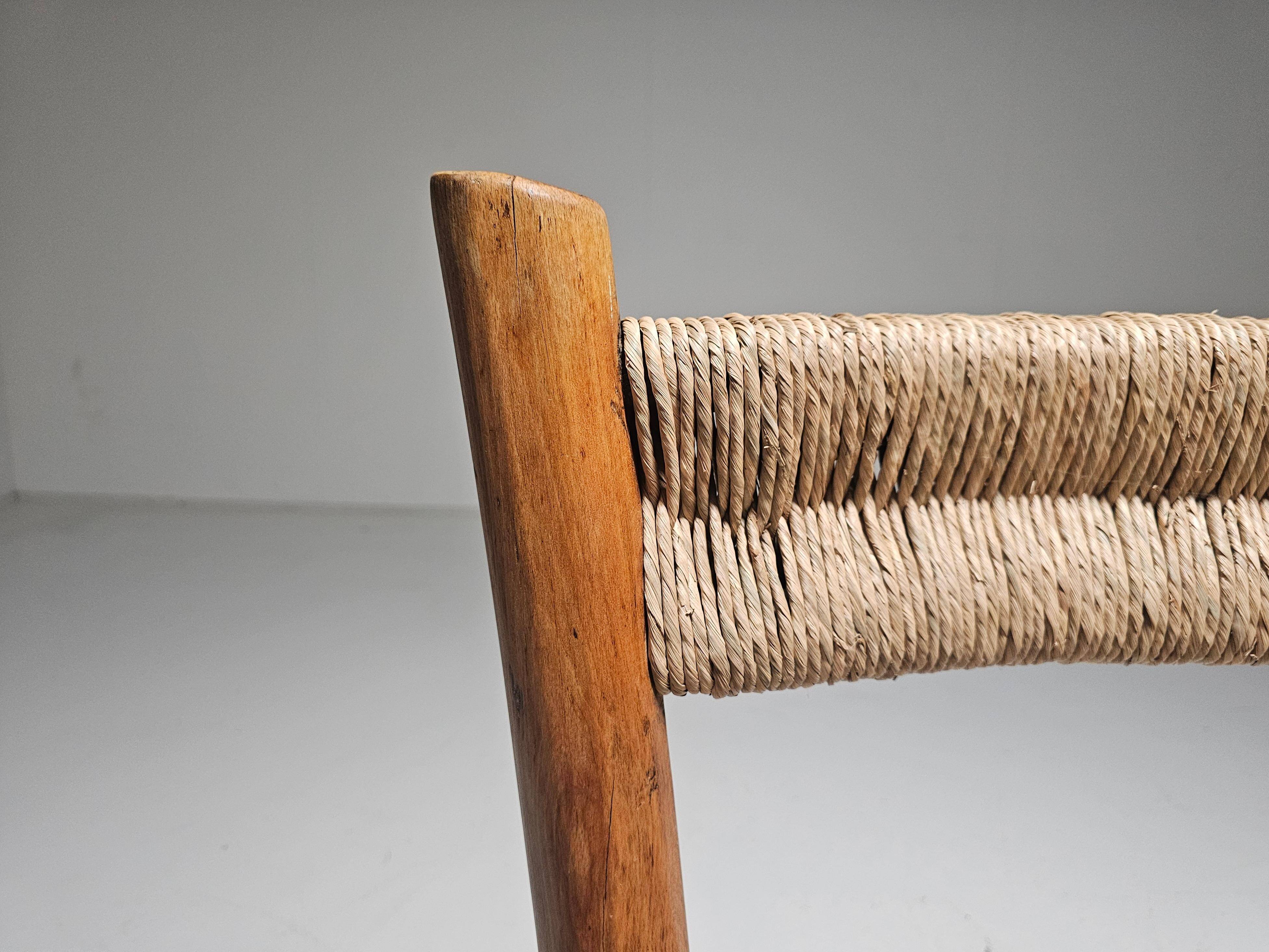 Pair of rustic French low chairs made of elm wood and straw, 1960s.