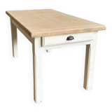 Ancienne table de ferme piétement patine blanche
