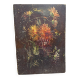 Old floral painting – bouquet of chrysanthemums – panel painting