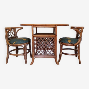 Rattan garden furniture console and two armchairs