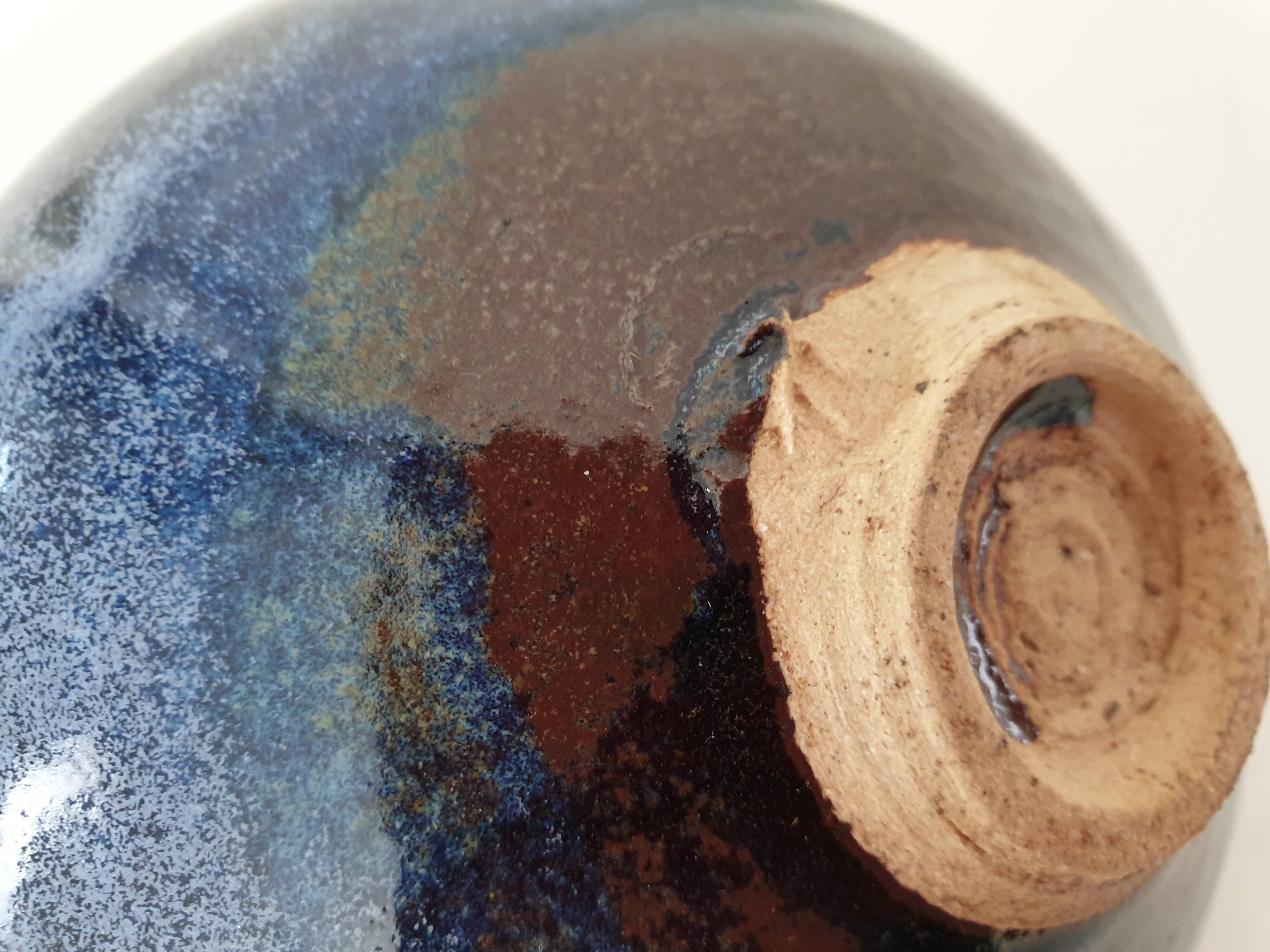 Blue ball vase in enamelled ceramic signed pictogram (Signature to be identified)