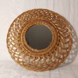 Miroir rond en rotin vers 1970