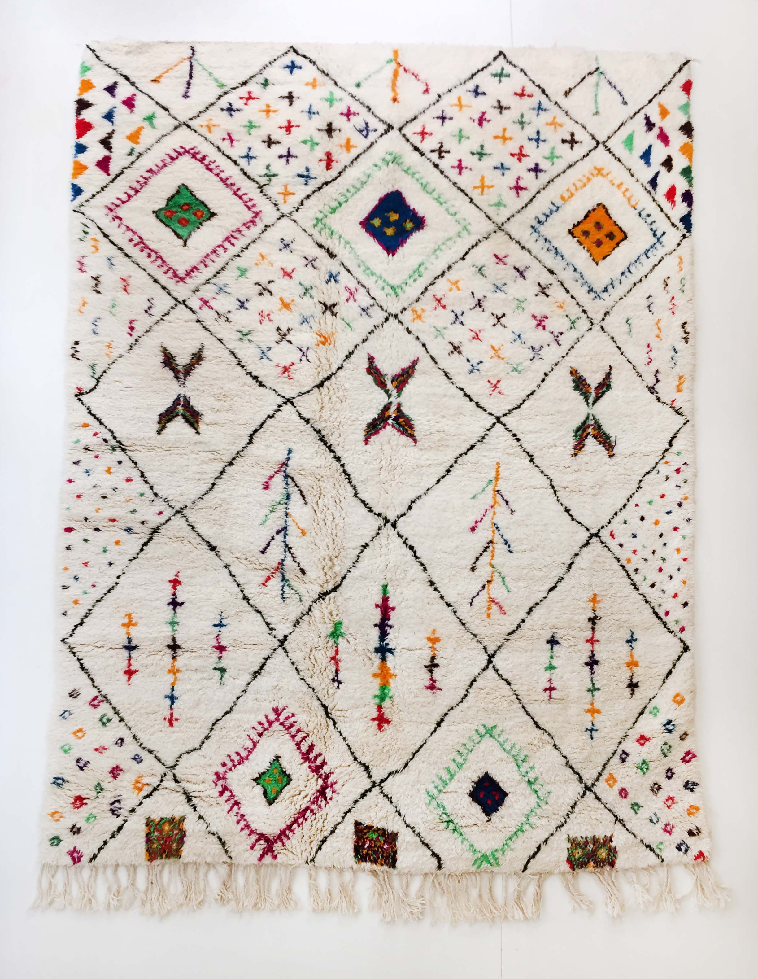 Moroccan Berber carpet azilal ecru with diamonds and colorful patterns 300x188cm