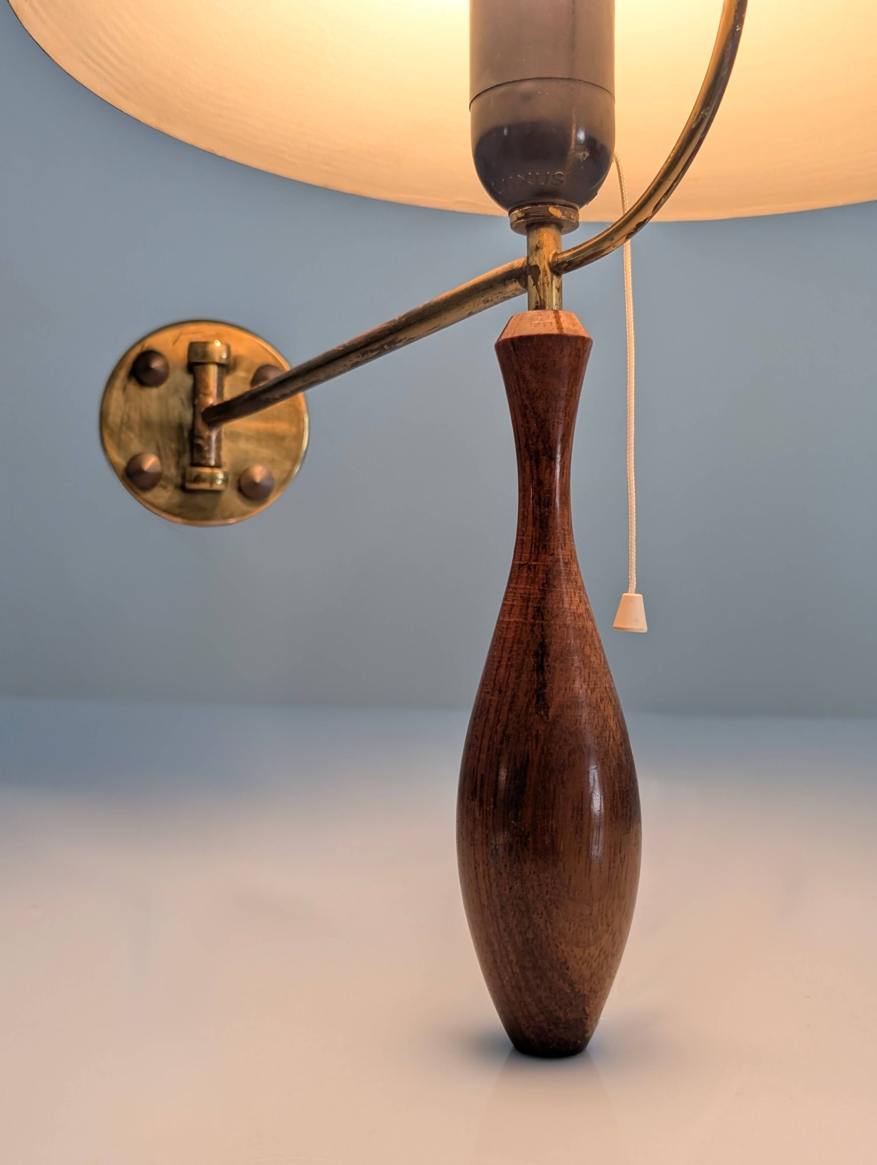 Mid-Century Wall Lamp in Brass and Wood with Black Shade, 1950s
