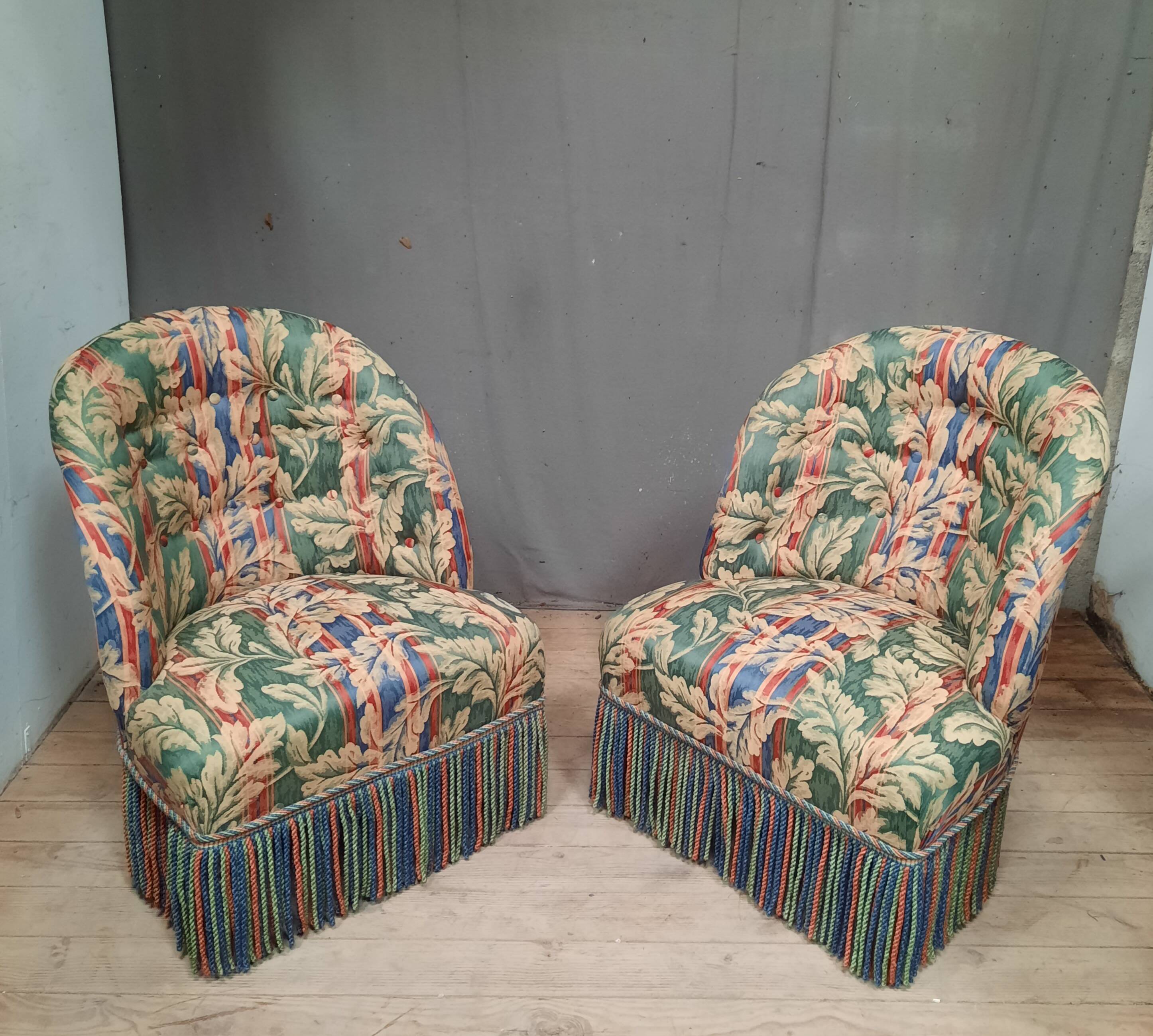Pair of upholstered toad armchairs