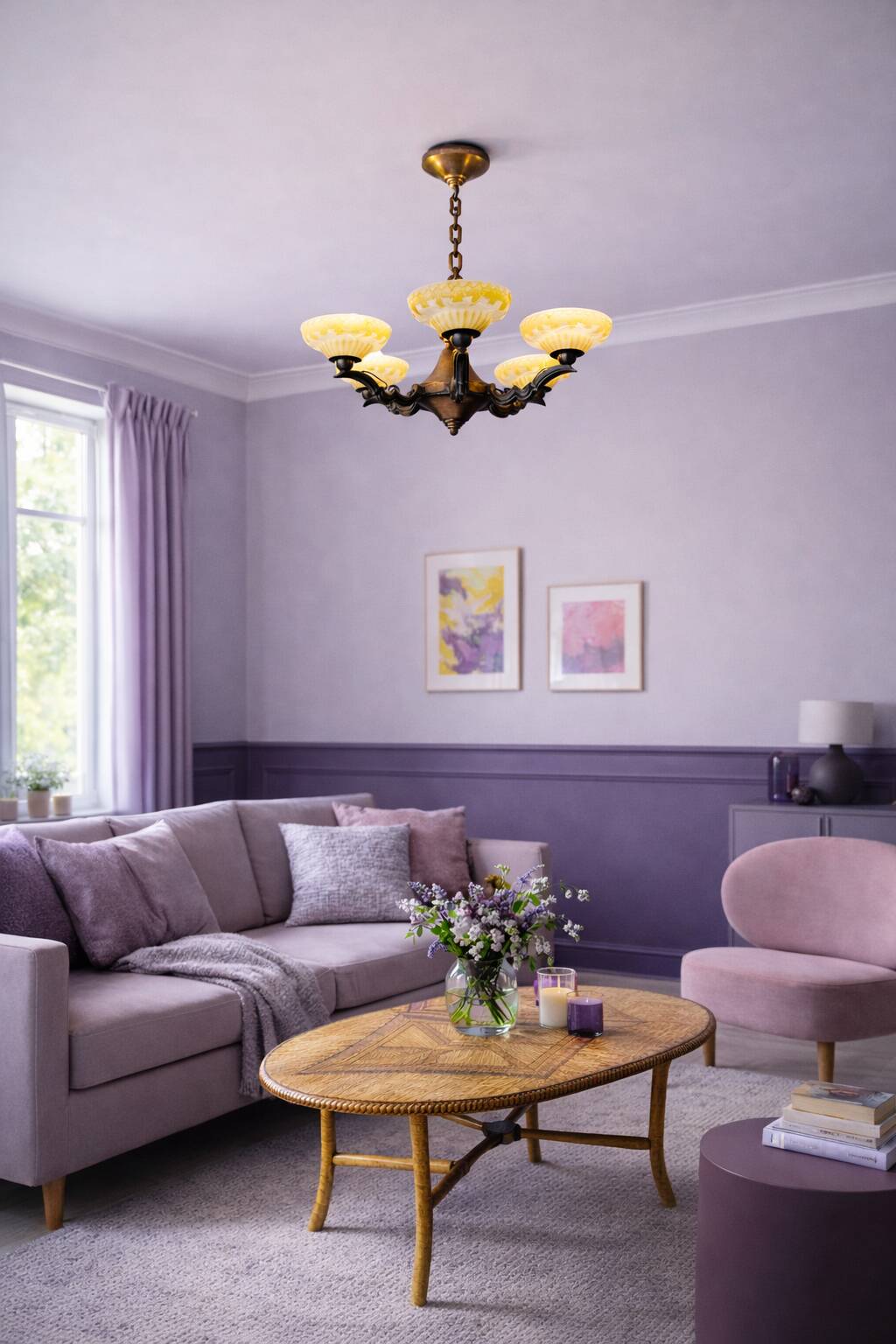 Art deco chandelier in copper with 6 glass tulips.