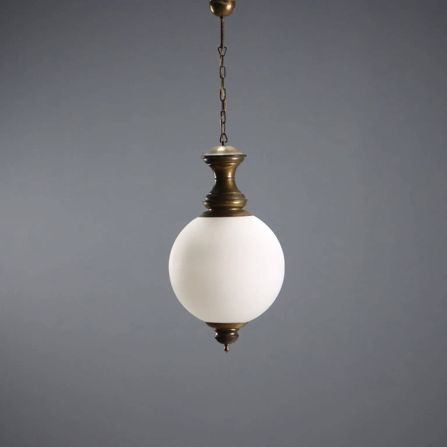 Vintage brass and opaline glass chandelier, Italian design from the 1960s.
