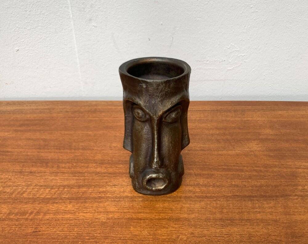 Abstract vase with a brutalist bronze face from the mid-century.