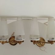 Pair of vintage double-light wall sconces in brass and etched glass from the 60s/70s.