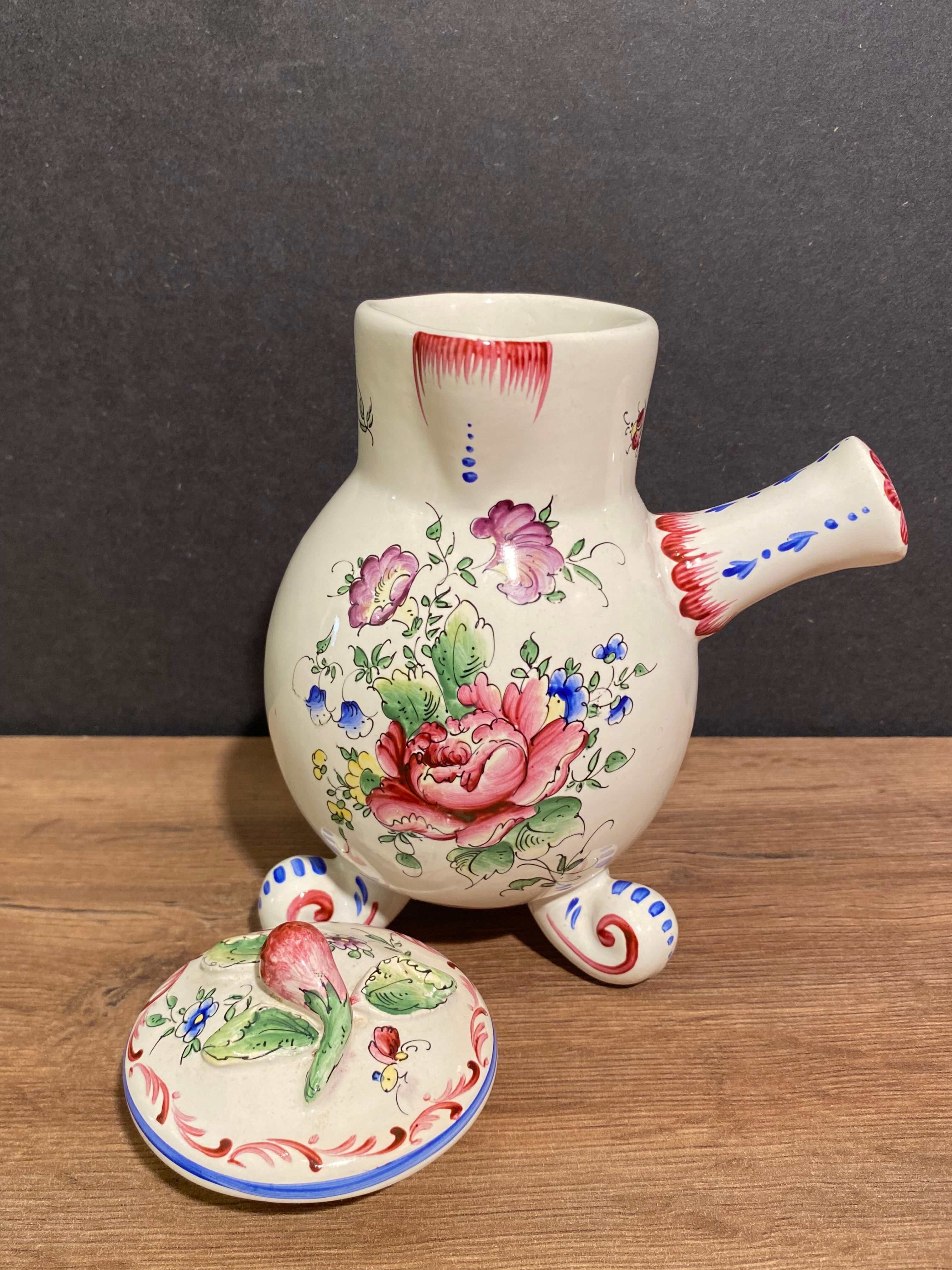 Clamecy earthenware chocolate pourer with polychrome floral decoration