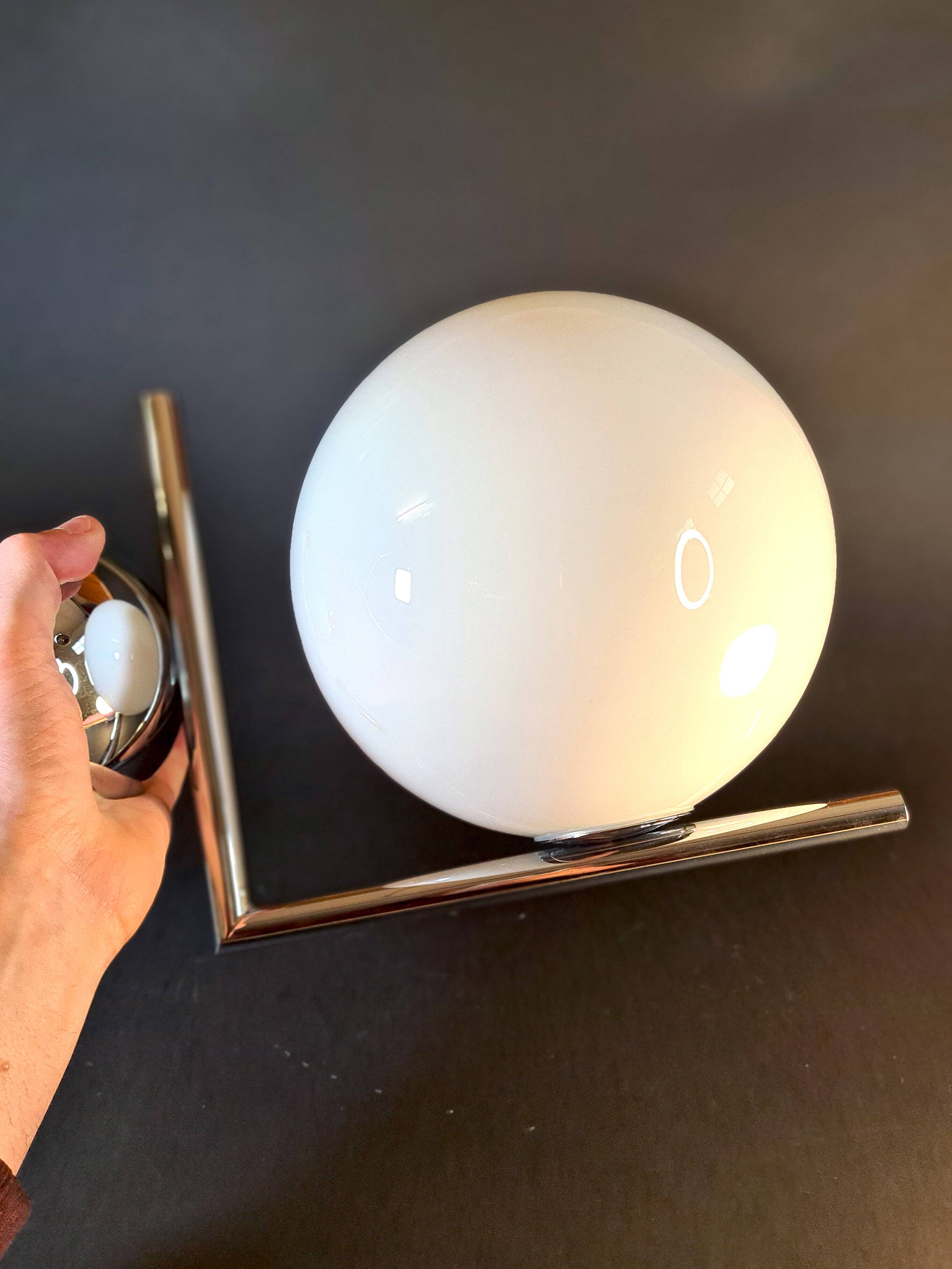 Pair of FLOS IC Lights C/W2 Wall Lights – Chrome & Globe Ø30 – Blown Glass