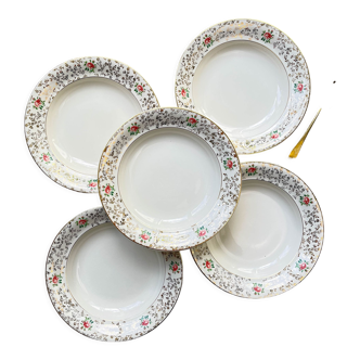 5 assiettes creuses Villeroy Boch en porcelaine blanche dorées motif fleuris