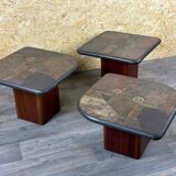 90s set of 3 brutal coffee tables with mosaic by Paul Kingma for Kneip