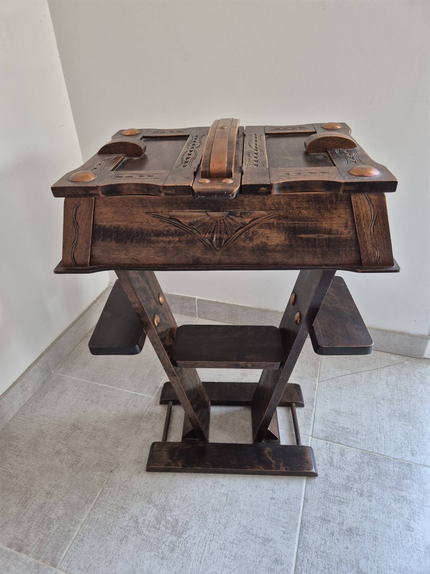 Antique Jugendstil work table — oak and copper fittings, circa 1900
