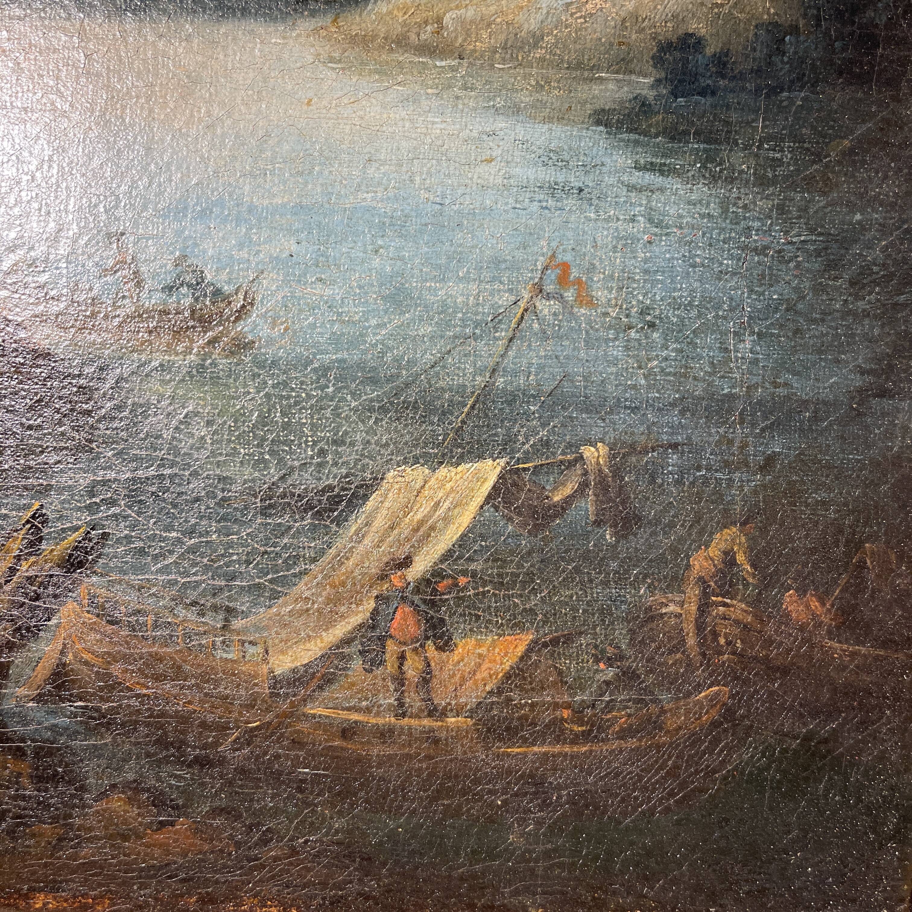 Italian School "Lake landscape, forest animated by figures" oil painting