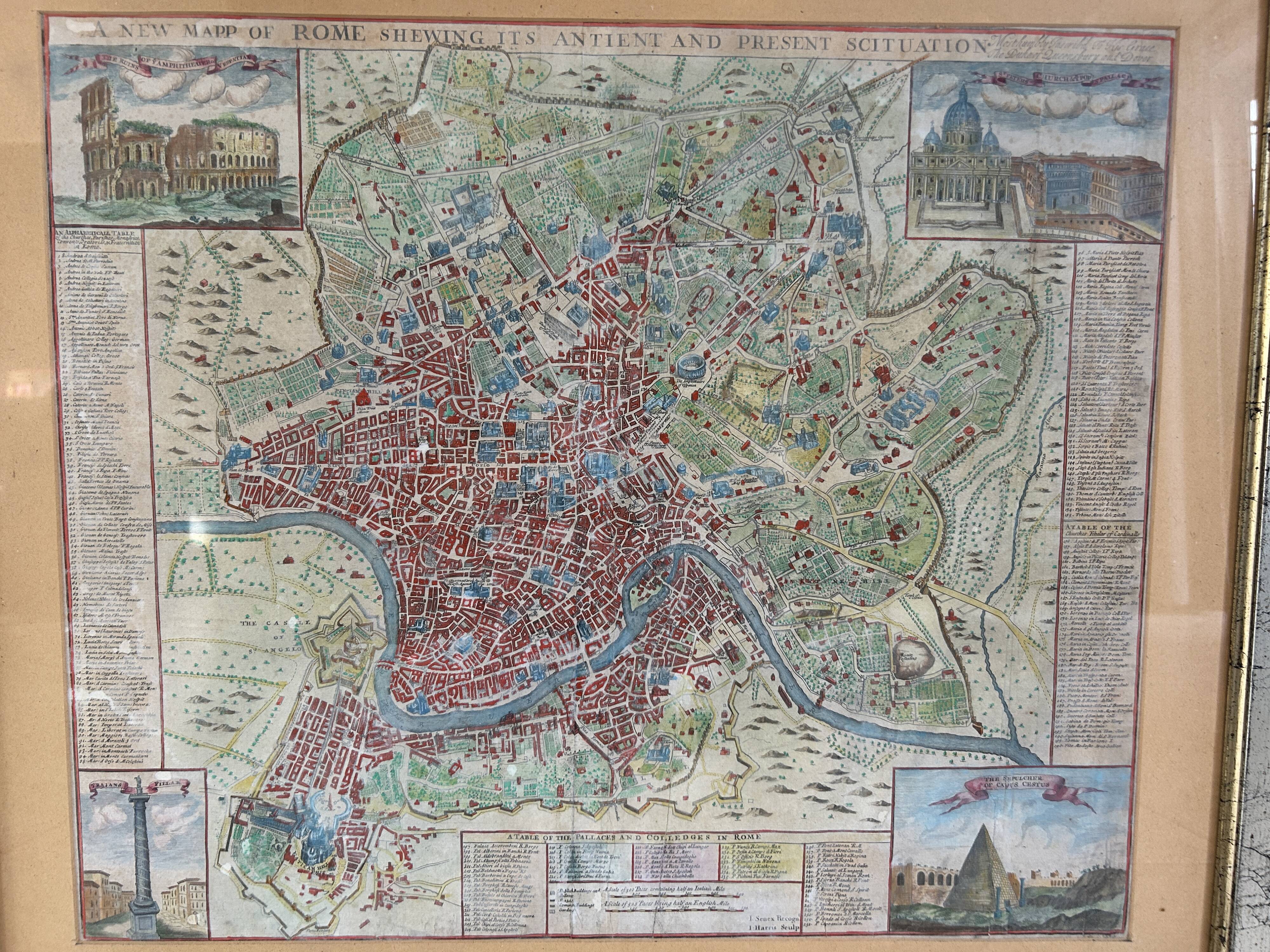 Gravure du XVIIIème - plan de Rome par J.Senex (1678 - 1740)