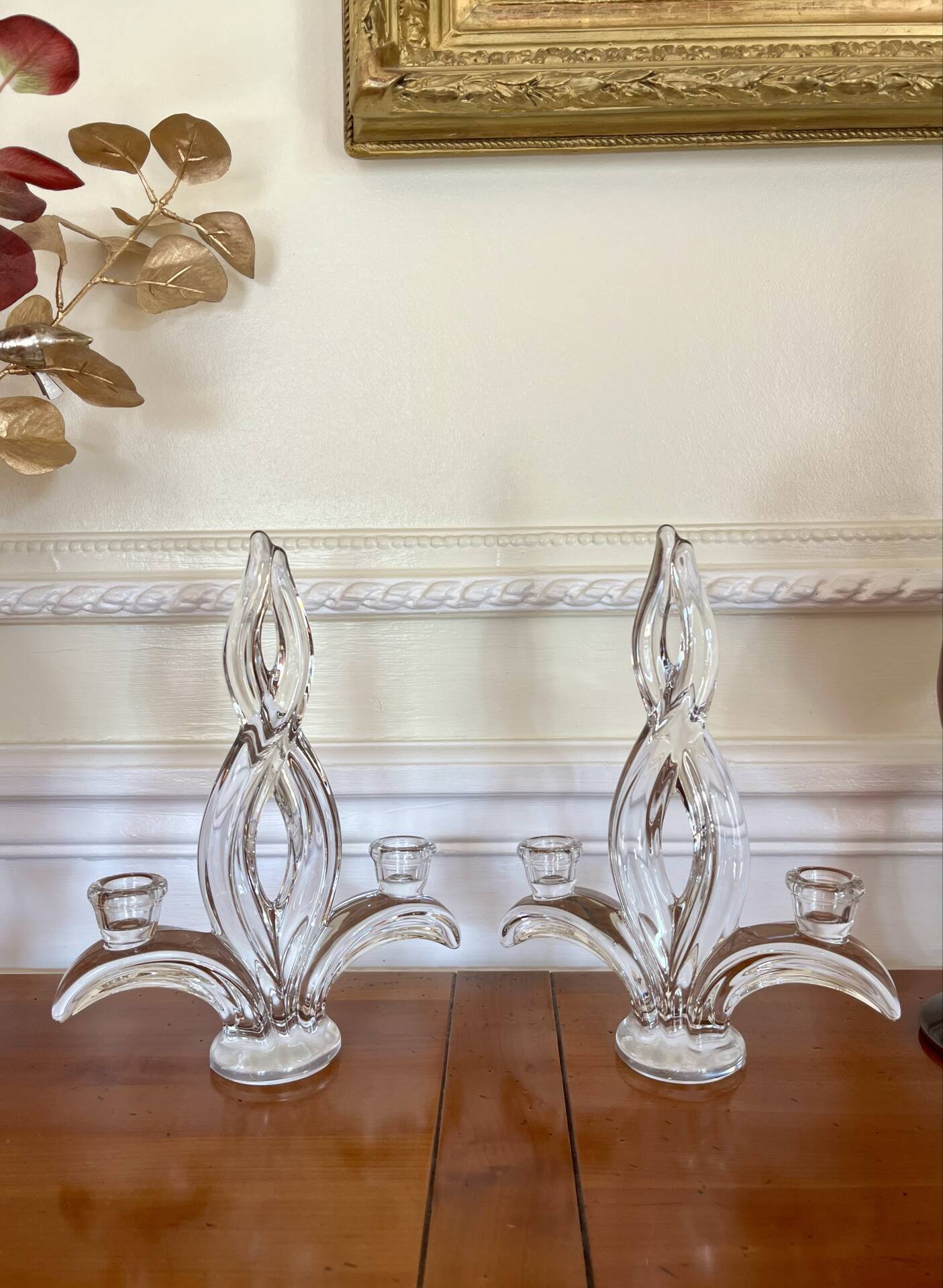 Pair of two-light crystal candlesticks signed Vannes