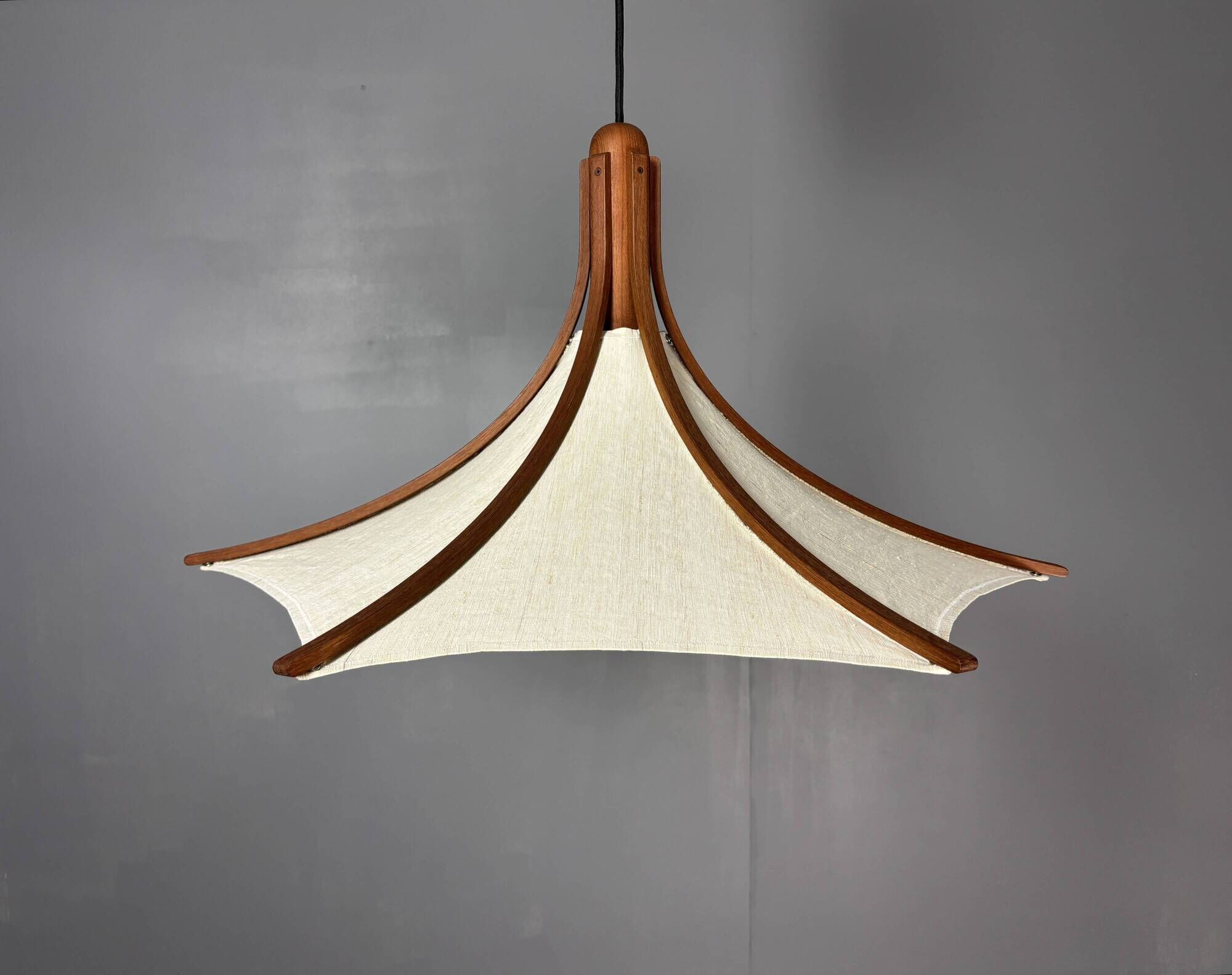 Teak And Linen Umbrella Counter Balance Pendant By Domus, 1970s