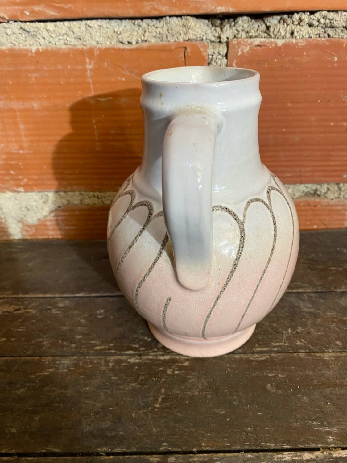 Vintage pichet ancien strehla ceramic pink & white 1950 west germany